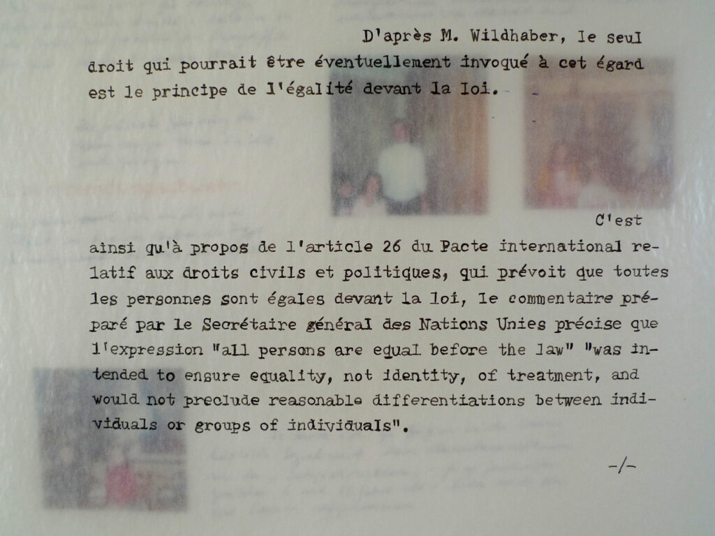 Collage: Zeichnung aus Archivtext und Familienfoto mit handschriftlichen Text.